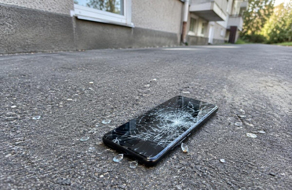 Smartphone mit zersplittertem Display liegt auf dem Asphalt vor einem Wohnhaus