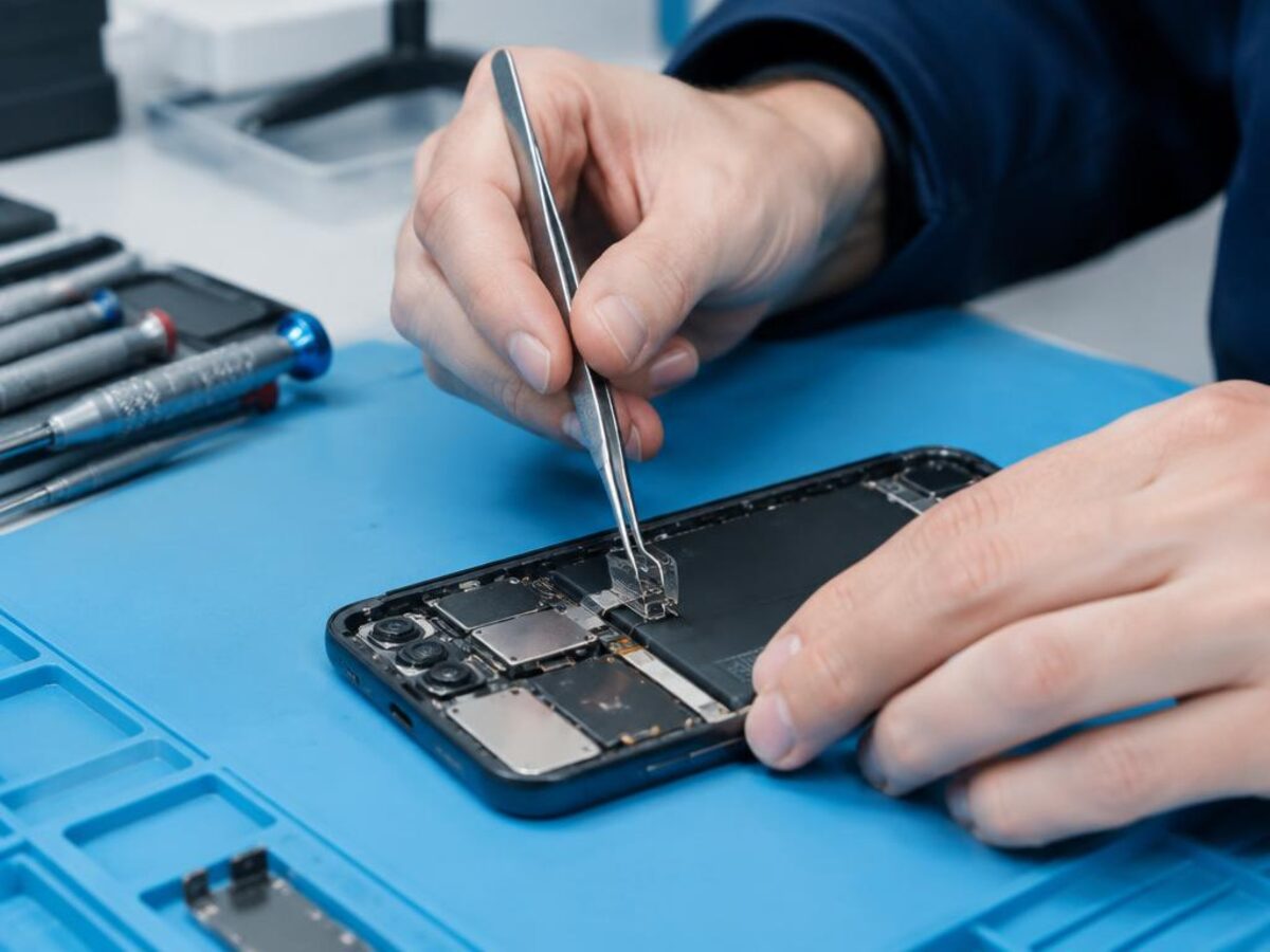 Techniker ersetzt mit Pinzette Komponenten in einem geöffneten Smartphone