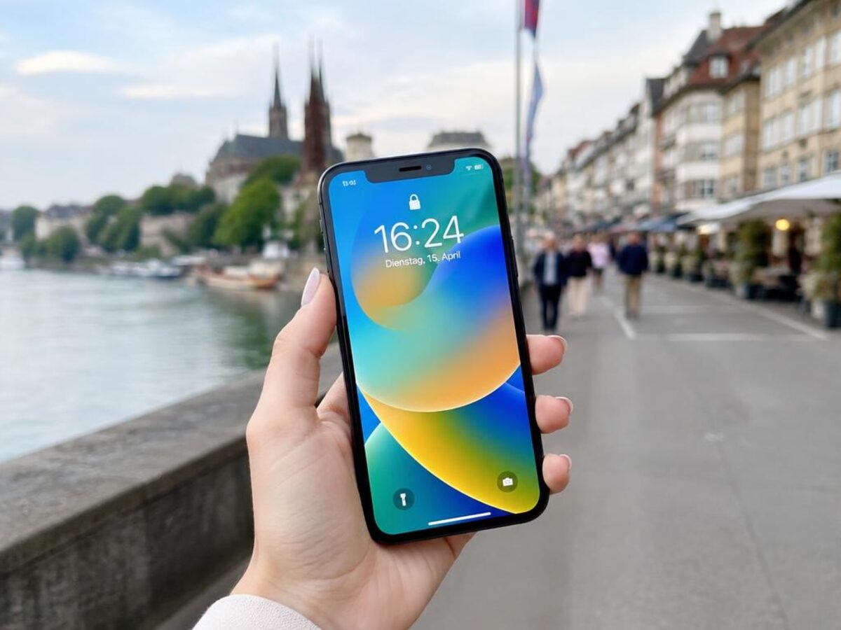 Repariertes Smartphone mit intaktem Bildschirm am Rheinufer in Basel